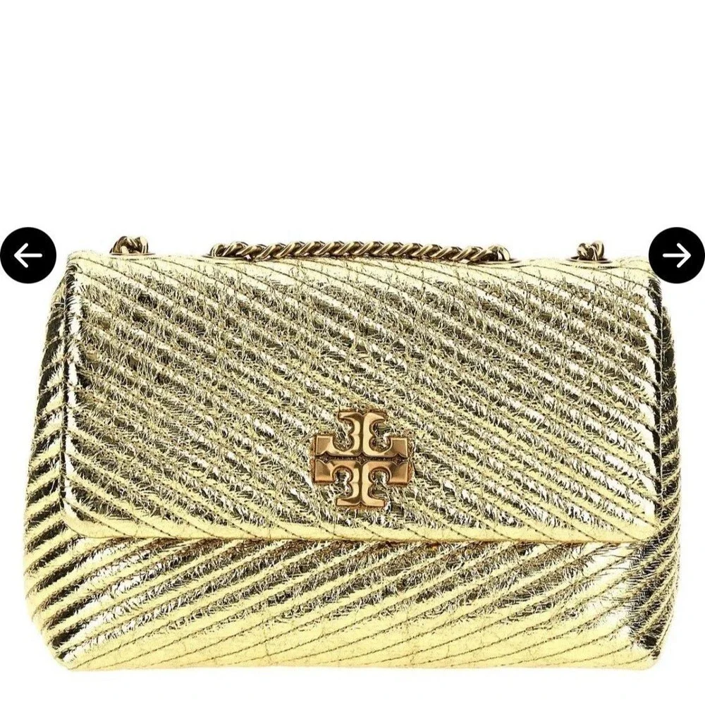 Tory Burch Kira Metallic Moto Quilt Small Convertible Shoulder Bag Gold New